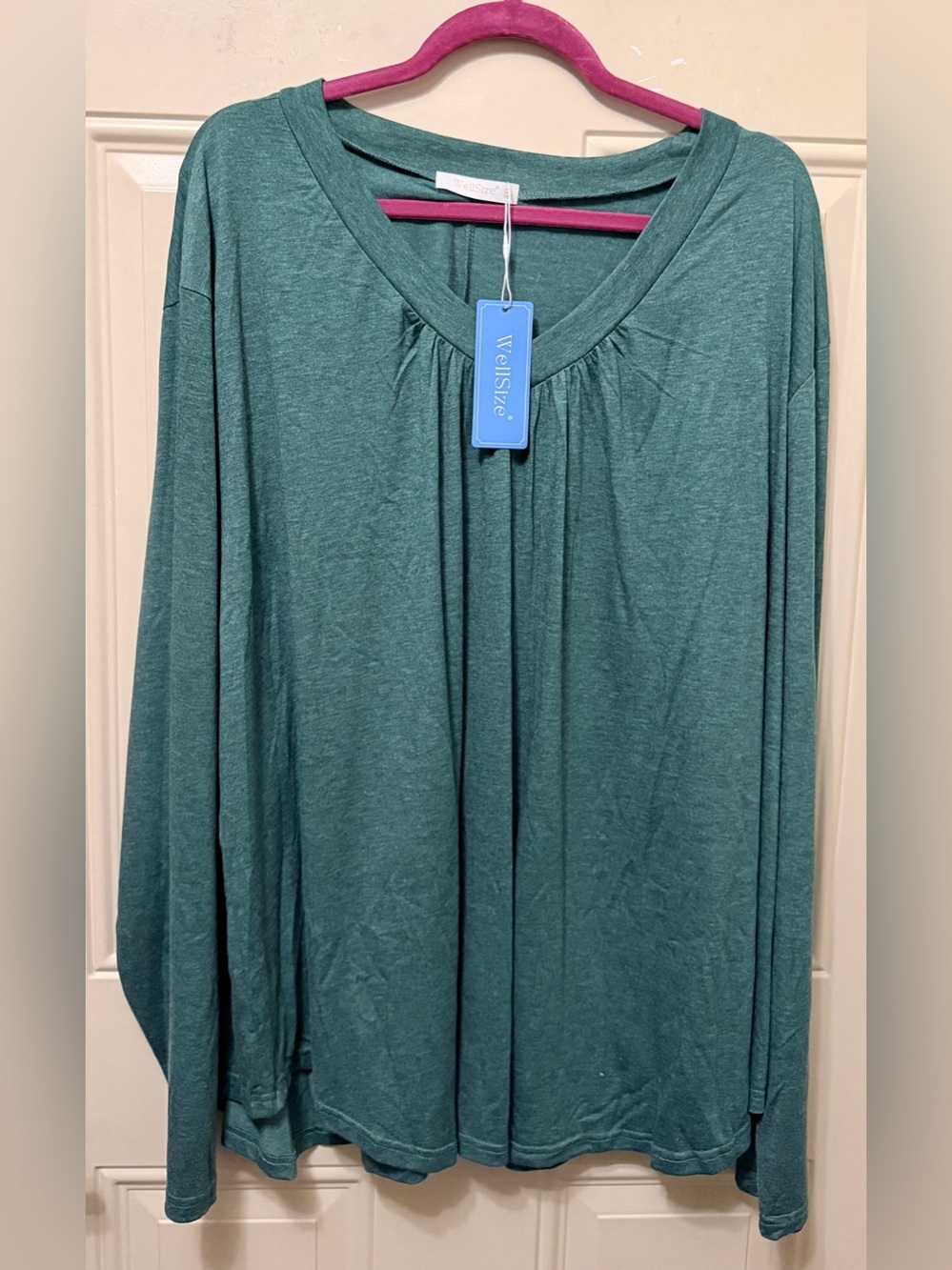 WellSize Heather Green Pullover Long Sleeved V Neck Top with Gathers Size 4XL